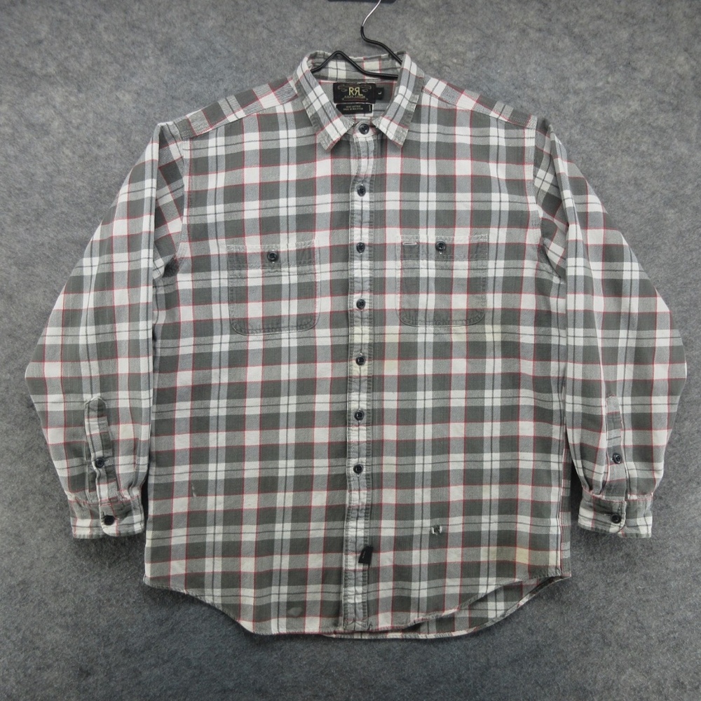 1990s RRL Ralph Lauren 3-Star Plaid Flannel Shirt Large Gray Red Distressed